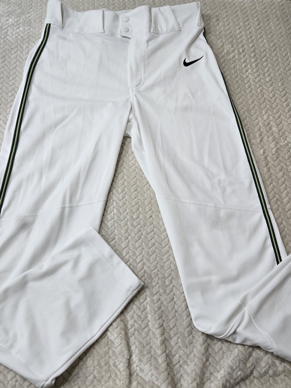 Nike White Baseball Pants with Green Stripe